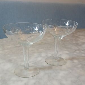 Pair Hollow Stem Champagne Coupe Glasses Cornflower Etching